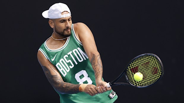 Nick Kyrgios of Australia plays a backhand during a practice session ahead of the 2025 Australian Open at Melbourne Park on January 10, 2025 in Melbourne, Australia. (Photo by Daniel Pockett/Getty Images)