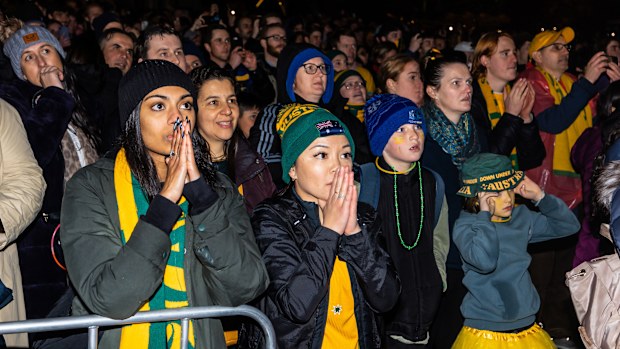 Australian supporters at the Melbourne Fan Festival with capacity crowd watching Matildas vs France at the FIFA Women's World Cup.