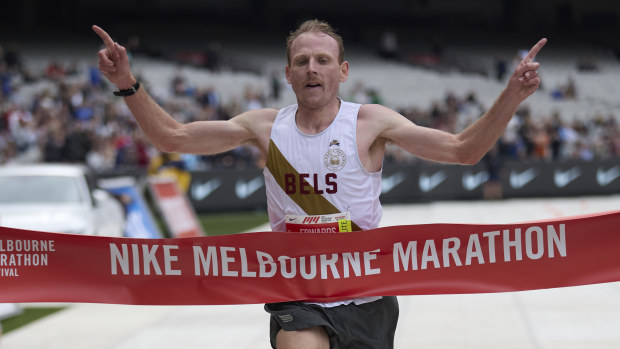 Victoria's Reece Edwards was the first man home in the Melbourne Marathon.