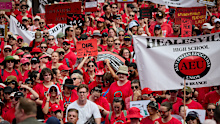 Teachers with the AEU strike today in Melbourne CBD.