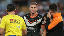 SYDNEY, AUSTRALIA - APRIL 10:  Adam Doueihi of the Wests Tigers walks from the field injured during the round six NRL match between Wests Tigers and Parramatta Eels at Accor Stadium on April 10, 2023 in Sydney, Australia. (Photo by Mark Metcalfe/Getty Images)