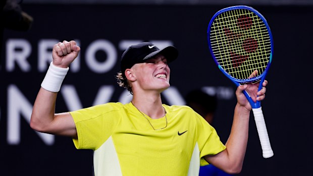 Cruz Hewitt of Australia celebrates beating MooBeen Kim of South Korea.