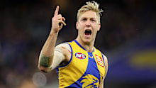 PERTH, AUSTRALIA - JUNE 13: Oscar Allen of the Eagles celebrates after scoring a goal during the 2021 AFL Round 13 match between the West Coast Eagles and the Richmond Tigers at Optus Stadium on June 13, 2021 in Perth, Australia. (Photo by Will Russell/AFL Photos)