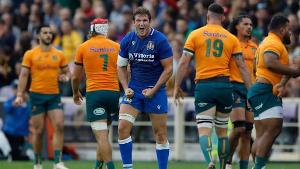 Michele Lamaro of Italy reacts after Italy win a penalty at a scrum.