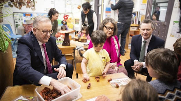 Prime Minister Anthony Albanese and Minister for Education Jason Clare at a childcare centre.