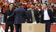 PARIS, FRANCE - MAY 25: Rafael Nadal with Roger Federer, Novak Djokovic, Andy Murray during the ceremony to honor his career and the14 titles won on the parisian clay-courts on day 1 of the 2025 French Open, Roland-Garros 2025, Grand Slam tennis tournament at Roland Garros stadium on May 25, 2025 in Paris, France. (Photo by Jean Catuffe/Getty Images)