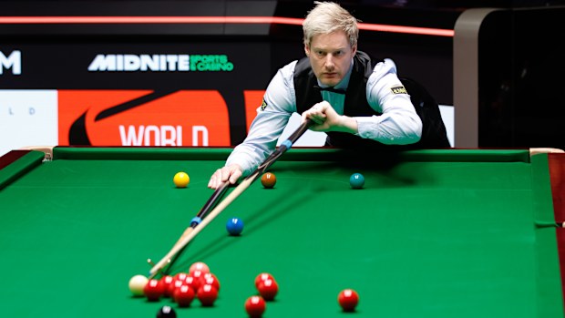 Neil Robertson of Australia plays a shot in the first round match against Chris Wakelin of England on day 2 of Halo World Championship 2025 at Crucible Theatre on April 20, 2025 in Sheffield, England. (Photo by Tai Chengzhe/VCG via Getty Images)
