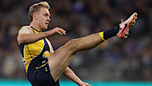 Oscar Allen of the Eagles kicks during round 21, 2024.