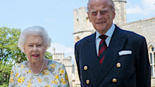 Queen Elizabeth II and Prince Philip, Duke of Edinburgh pictured June 1, 2020, in the quadrangle of Windsor Castle ahead of his 99th birthday June 10. The Queen is wearing an Angela Kelly dress with the Cullinan V diamond brooch. The Duke is wearing a Household Division tie. 