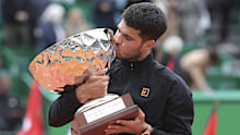 Winner Carlos Alcaraz of Spain during the trophy ceremony following the Men's Final of the Rolex Monte-Carlo Masters 2025.