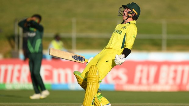 Rafael MacMillan of Australia celebrates following the ICC U19 Men's Cricket World Cup semi final.