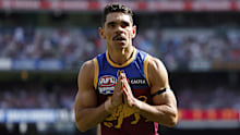 Charlie Cameron of the Lions celebrates after kicking a goal during the 2024 AFL grand final.