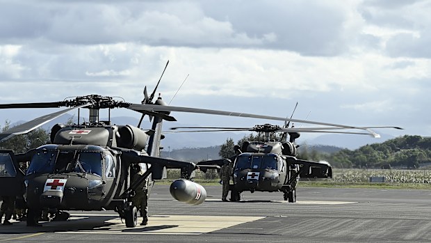 Blackhawk helicopters are seen at the Townsville airport as part of exercise 'Talisman Sabre 23' on July 27, 2023 in Townsville, Australia.