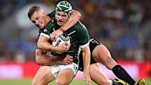 Kalyn Ponga of the Maori All Stars is tackled by Jack Wighton of the Indigenous All Stars in 2020.