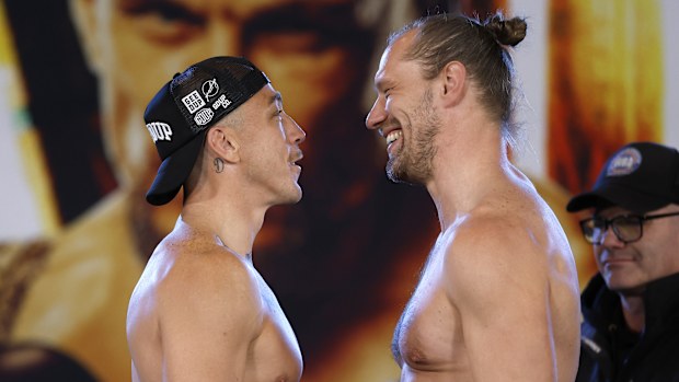 Kane Baker and Johan Linde face-off during their weigh in at Qudos Bank Arena.