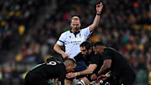 Wayne Barnes awards a penalty during a Test between New Zealand and Ireland.