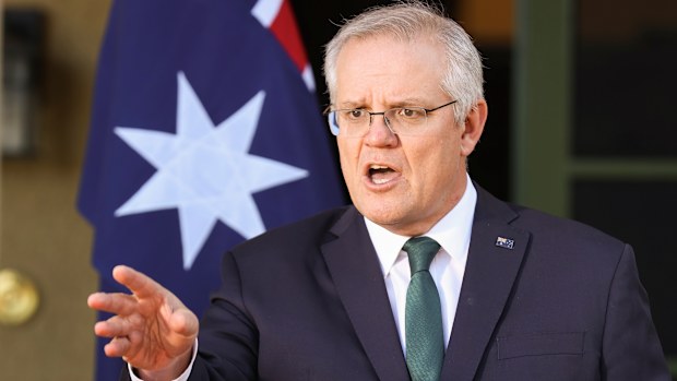 Prime Minister Scott Morrison addresses the media during a press conference at The Lodge in Canberra on Wednesday 21 July 2021  Photo: Alex Ellinghausen