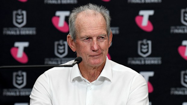 Wayne Bennett speaks during a press conference.