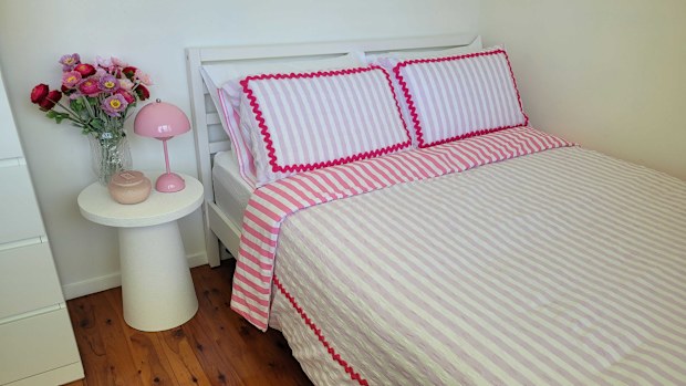 Kmart textured side table, Nico lamp, ric rac reversible cotton quilt cover
