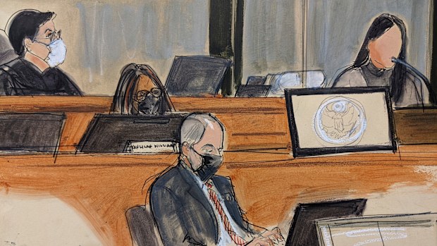 Judge Alison Nathan, far left, listens as a witness using the pseudonym "Jane"  testifies during Ghislaine Maxwell's trial.
