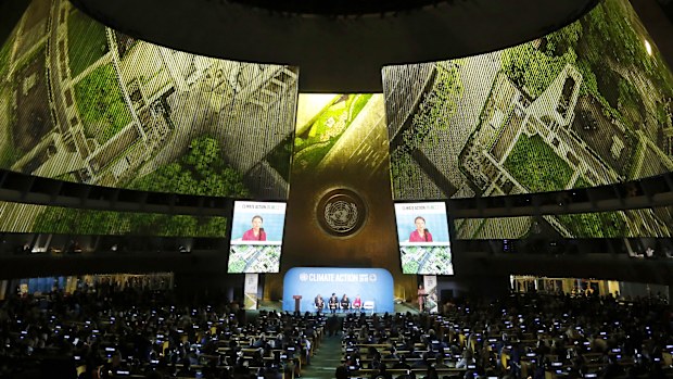 Environmental activist Greta Thunberg, of Sweden, addresses the Climate Action Summit in the United Nations General Assembly.