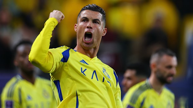 RIYADH, SAUDI ARABIA - FEBRUARY 03: Cristiano Ronaldo of Al Nassr celebrates after scoring the third goal of his team during the AFC Champions League Elite match between Al-Nassr and Al Wasl at King Saud University Stadium on February 03, 2025 in Riyadh, Saudi Arabia. (Photo by Al Nassr FC/Al Nassr FC via Getty Images)