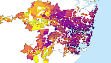 Sydney's prevalance of asthma in children mapped from highest (yellow) to lowest (dark purple). 