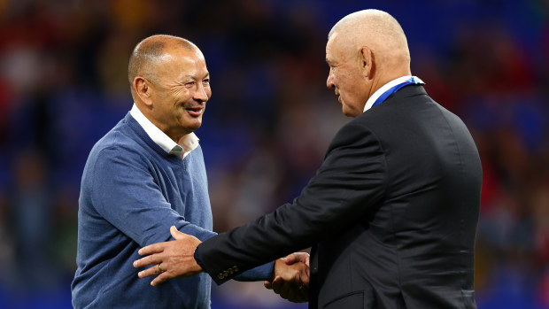 Eddie Jones and Warren Gatland shake hands during the warm up.