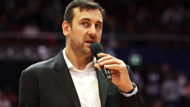 Andrew Bogut speaks during a retirement presentation at halftime of the round 21 NBL match between Sydney Kings and Brisbane Bullets at Qudos Bank Arena, on June 05, 2021, in Sydney, Australia. (Photo by Mark Kolbe/Getty Images)