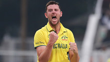 KOLKATA, INDIA - NOVEMBER 16: Australia's Josh Hazlewood celebrates the wicket of Quinton de Kock of South Africa  during the ICC Men's Cricket World Cup 2023 semi final match between South Africa and Australia at Eden Gardens on November 16, 2023 in Kolkata, India. (Photo by Pankaj Nangia/Gallo Images)