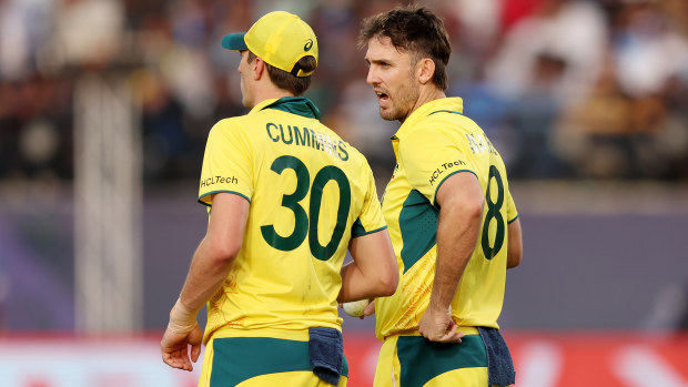 Pat Cummins and Mitch Marsh of Australia.