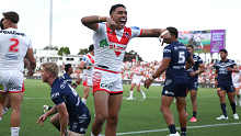 Tyrell Sloan celebrates a try against the Cowboys. 