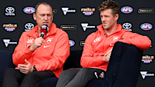 John Longmire and Luke Parker before the 2022 AFL grand final. 