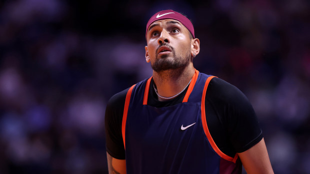 Nick Kyrgios of Eagles reacts in their men's singles match against Grigor Dimitrov of Falcons during day three of the World Tennis League at Coca-Cola Arena on December 21, 2022 in Dubai, United Arab Emirates. (Photo by Francois Nel/Getty Images)