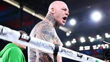 Lucas Browne celebrates after defeating Junior Fa during their heavyweight fight, at Marvel Stadium.