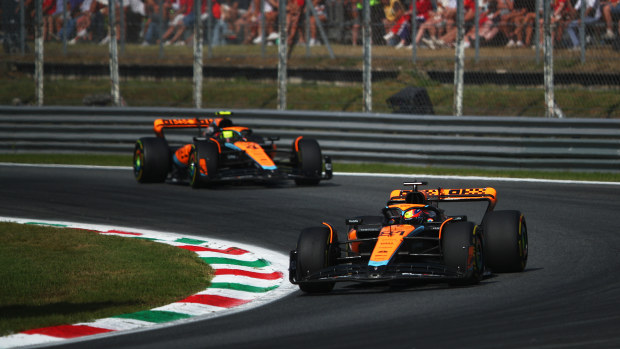 Oscar Piastri of Australia driving the (81) McLaren MCL60 Mercedes leads Lando Norris of Great Britain driving the (4) McLaren MCL60 Mercedes during the F1 Grand Prix of Italy at Autodromo Nazionale Monza on September 03, 2023 in Monza, Italy. (Photo by Joe Portlock - Formula 1/Formula 1 via Getty Images)