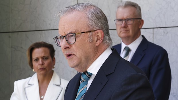 Attorney-General Michelle Rowland, Prime Minister Anthony Albanese and Minister for Home Affairs, Minister for Immigration and Citizenship, Minister for Cyber Security, Minister for the Arts and Leader of the House Tony Burke during a press conference at Parliament House in Canberra on Monday 12 January 2026.