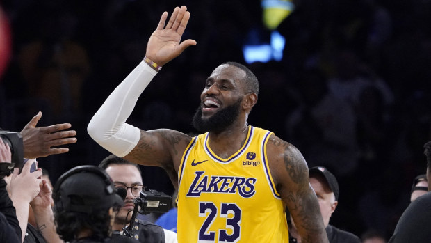 Los Angeles Lakers forward LeBron James celebrates after the Lakers defeated the Los Angeles Clippers 130-125 in an NBA basketball game Wednesday, Nov. 1, 2023, in Los Angeles. (AP Photo/Mark J. Terrill)