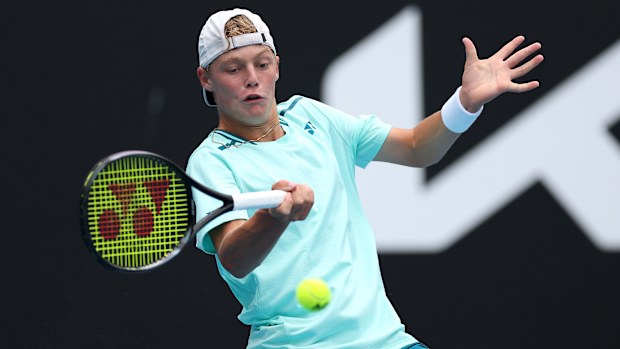 Cruz Hewitt competes against Alexander Razeghi in their first round singles match during the 2024 Australian Open Junior Championships.
