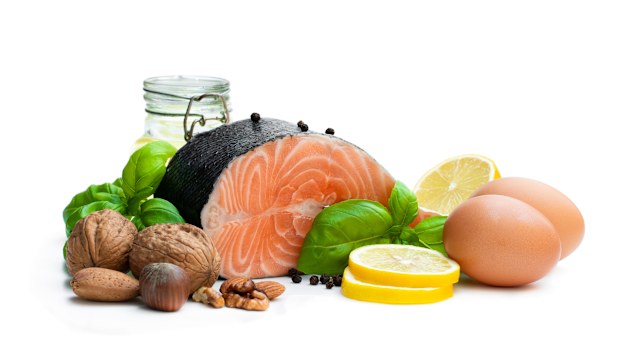 Set of  food rich ofomega 3 fats isolated on white