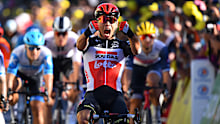 Caleb Ewan of Australia celebrates at the 2020 Tour de France.