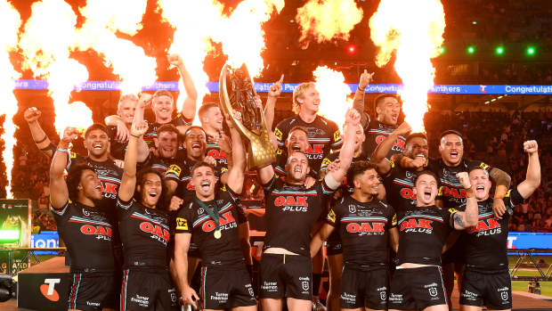 The Penrith Panthers celebrate winning the 2023 NRL grand final.