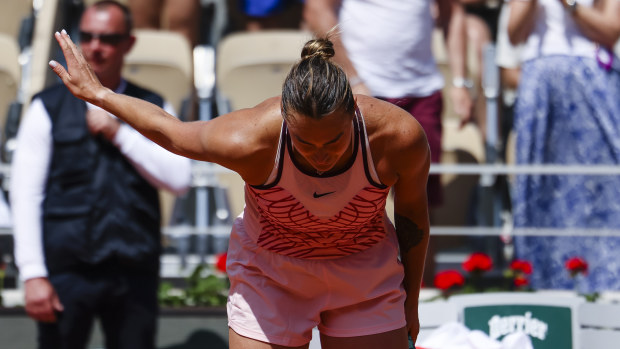 Aryna Sabalenka bows to the crowd after her first round win over Marta Kostyuk on day one at Roland-Garros. (Photo by Frank Molter/picture alliance via Getty Images)