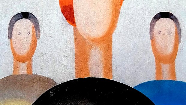 A fragment of the painting shows the eyes drawn on the Three Figures by Anna Leporskaya. (The Art Newspaper Russia via AP)