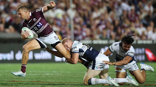 Tom Trbojevic of the Sea Eagles makes a break. 