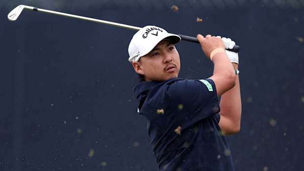 Min Woo Lee of Australia hits a tee shot on the 14th hole during the second round of the PGA Championship at Aronimink Golf Club on May 15, 2026 in Newtown, Pennsylvania. (Photo by Carl Recine/Getty Images)