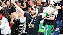 Jayson Tatum celebrates after leading the Celtics to 