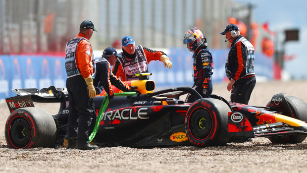 Sergio Perez of Mexico and Oracle Red Bull Racing looks on after spinning out during qualifying ahead of the F1 Grand Prix of Great Britain at Silverstone Circuit on July 06, 2024 in Northampton, England. (Photo by Peter Fox - Formula 1/Formula 1 via Getty Images)