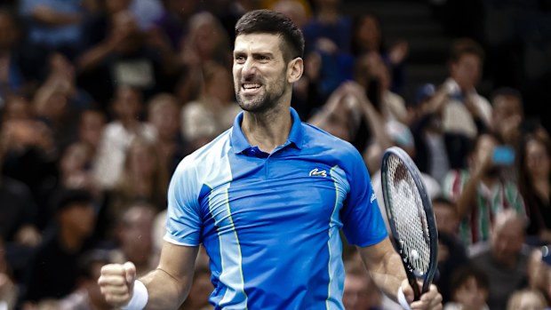 PARIS, FRANCE - NOVEMBER 5: Novak Djokovic during Rolex Paris Masters Final on Day Seven at Palais Omnisports de Bercy on November 5, 2023 in Paris, France. (Photo by Antonio Borga/Eurasia Sport Images/Getty Images)