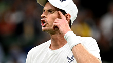 LONDON, ENGLAND - JULY 06: Andy Murray of Great Britain reacts against Stefanos Tsitsipas of Greece in the Men's Singles second round match during day four of The Championships Wimbledon 2023 at All England Lawn Tennis and Croquet Club on July 06, 2023 in London, England. (Photo by Mike Hewitt/Getty Images)